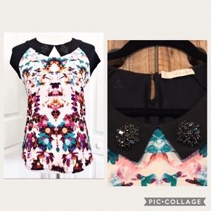 Hinge Peter Pan collar mixed media top, sz L